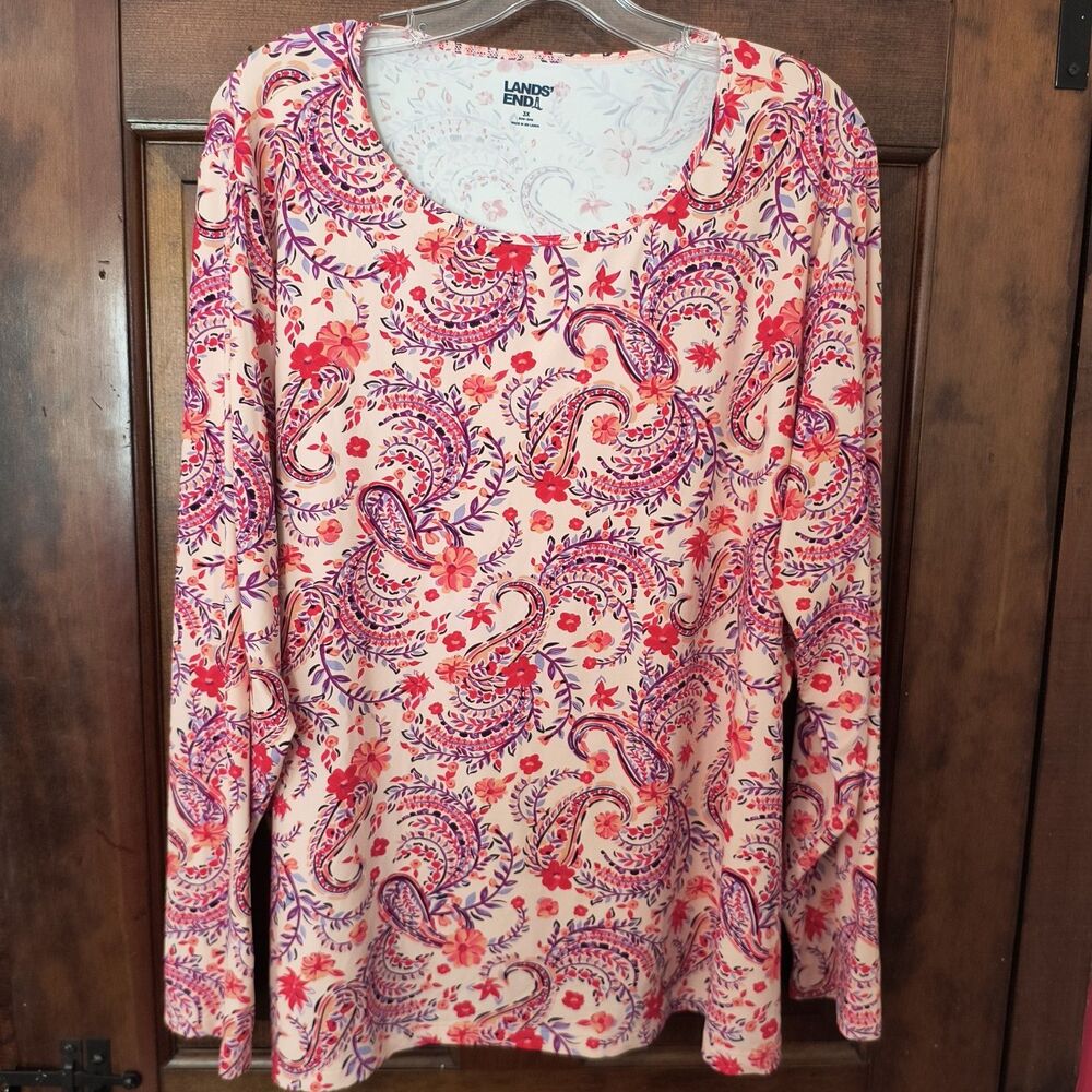 Lands' End Rash Guard Top Womens 3X Pink Paisley UPF50 T-Shirt Stretch Swim Pool